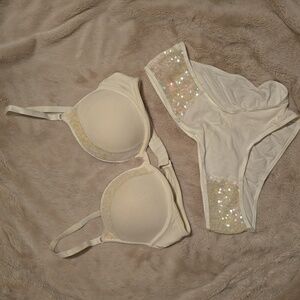 Victoria's Secret Sequin White Push Up Bra And Panty Set Bridal New 34D Medium
